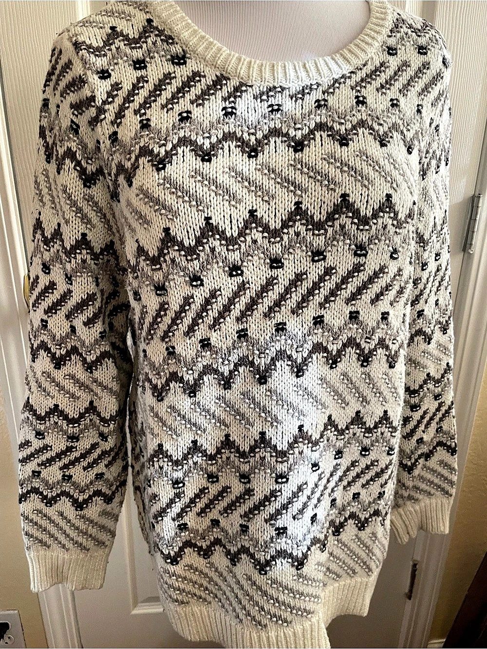 LOFT Geometric Knit Sweater in Cream & Brown Size Large Petite